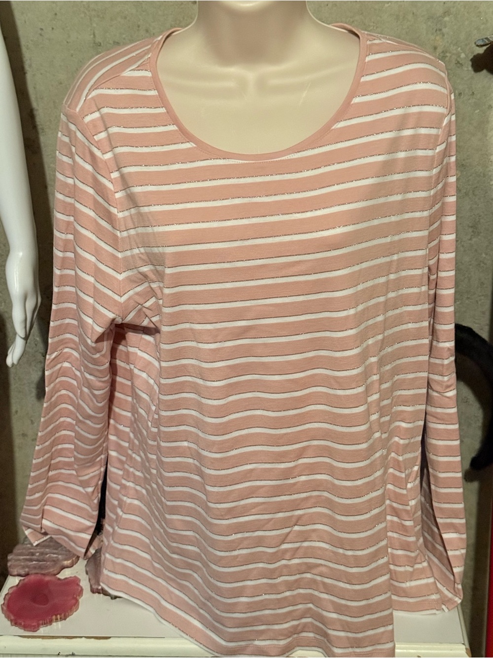 Charter Club Pink and White Striped Long-Sleeve Scoop Neck Top